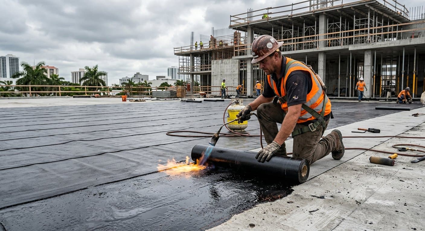 APP torch-applied bituminous membrane being heat bonded on a podium deck in Chennai