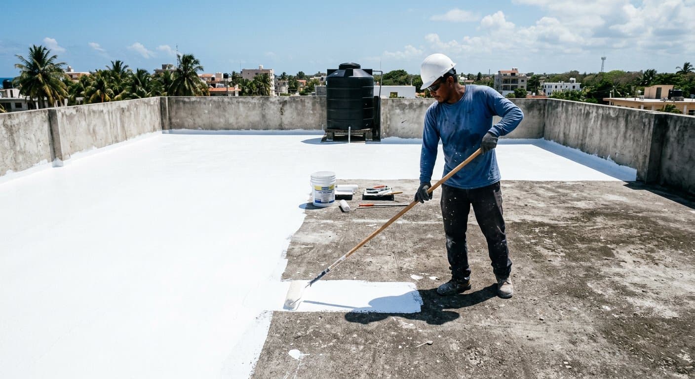 White solar reflective cool roof coating being applied to a concrete terrace