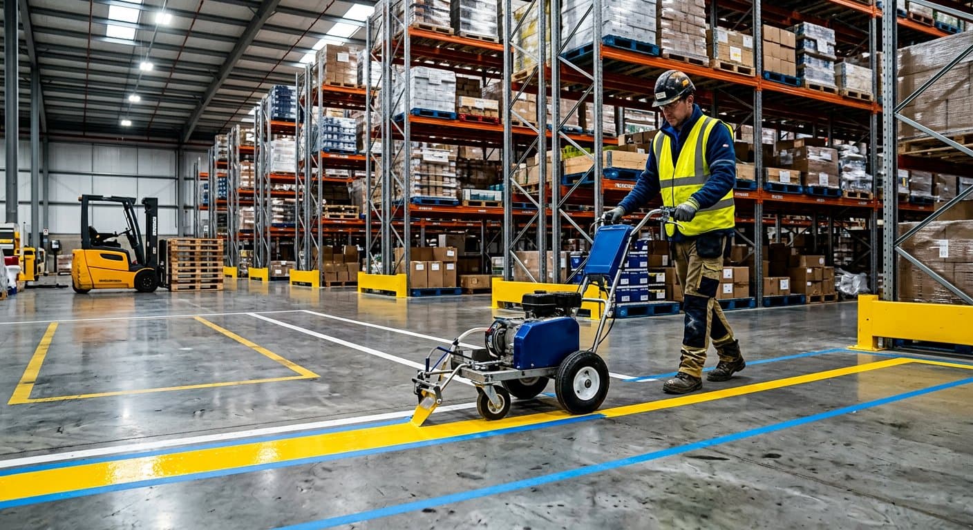 Completed factory floor line marking for forklift lanes and walkways