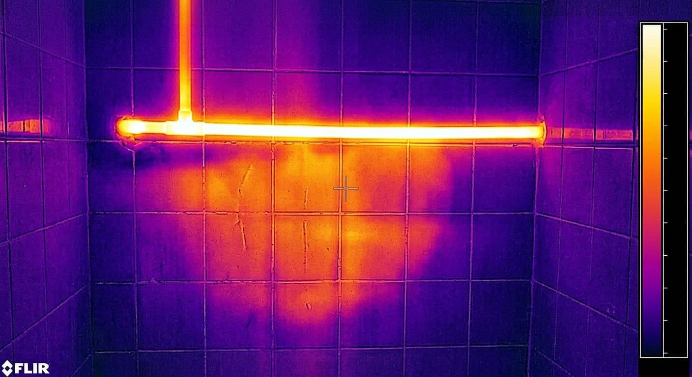 Thermal image tracing a concealed hot water pipeline leak behind bathroom wall tiles