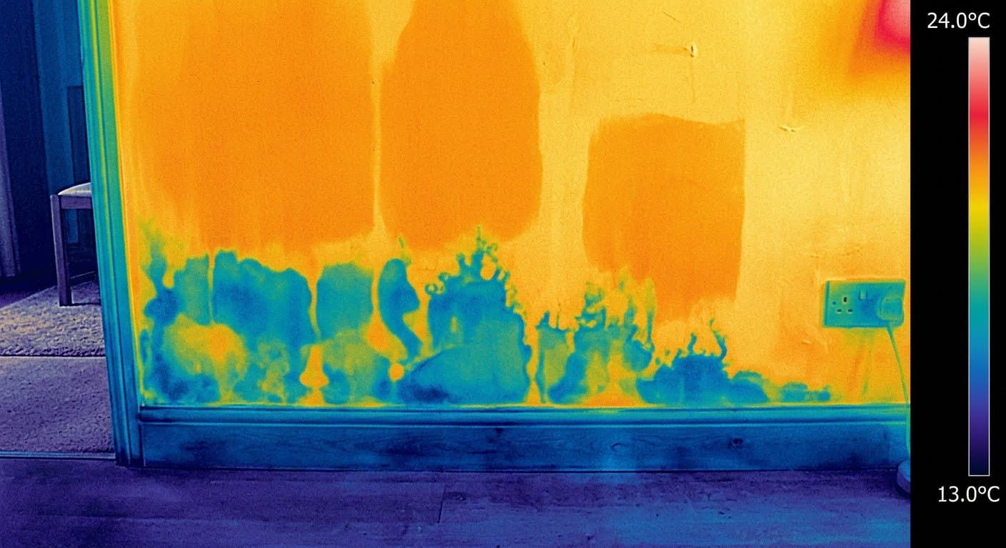 Thermal imaging survey mapping damp patches on an interior wall in Avadi before repainting