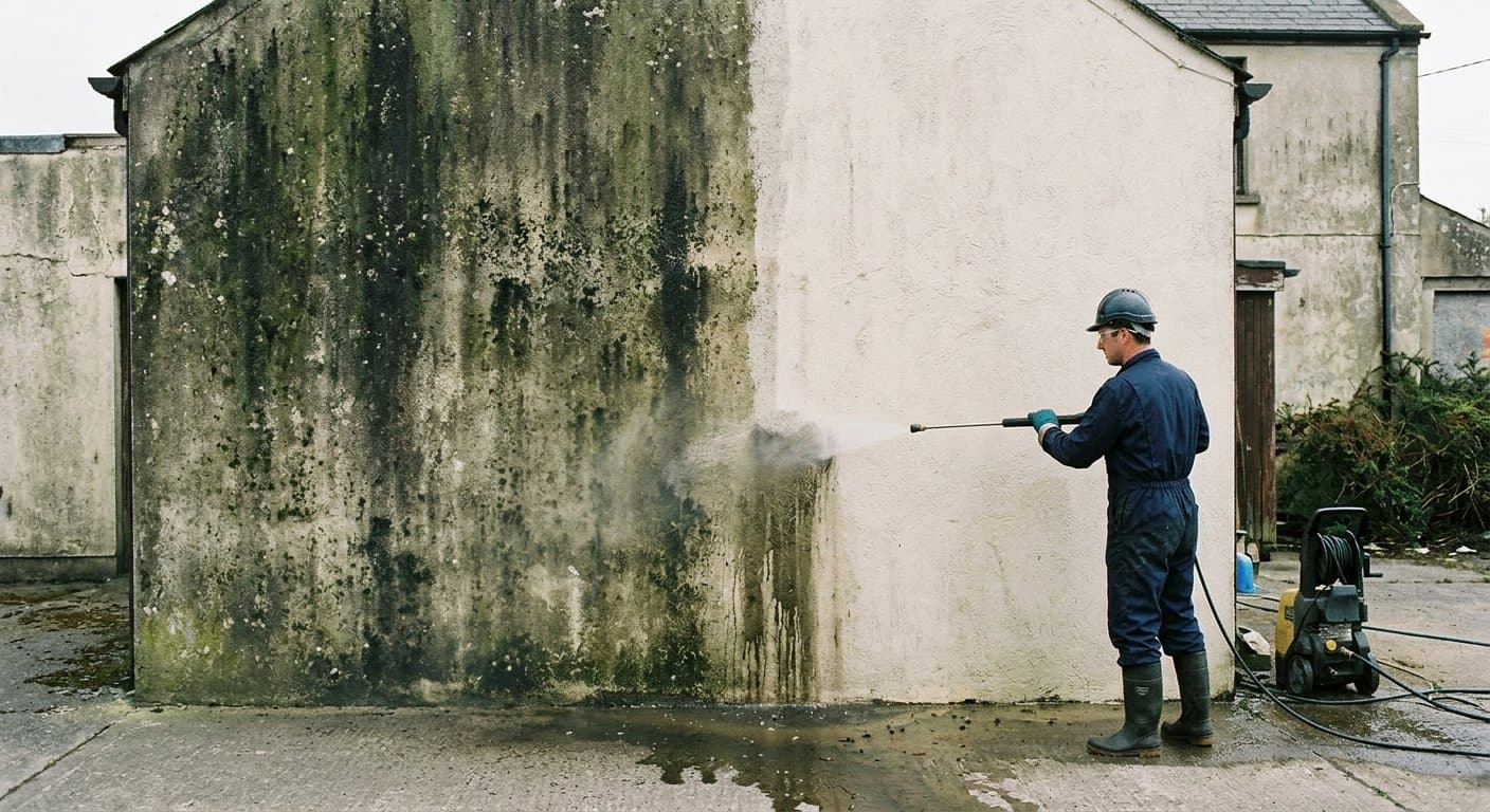 Exterior wall being treated with biocidal wash to remove algal growth before priming