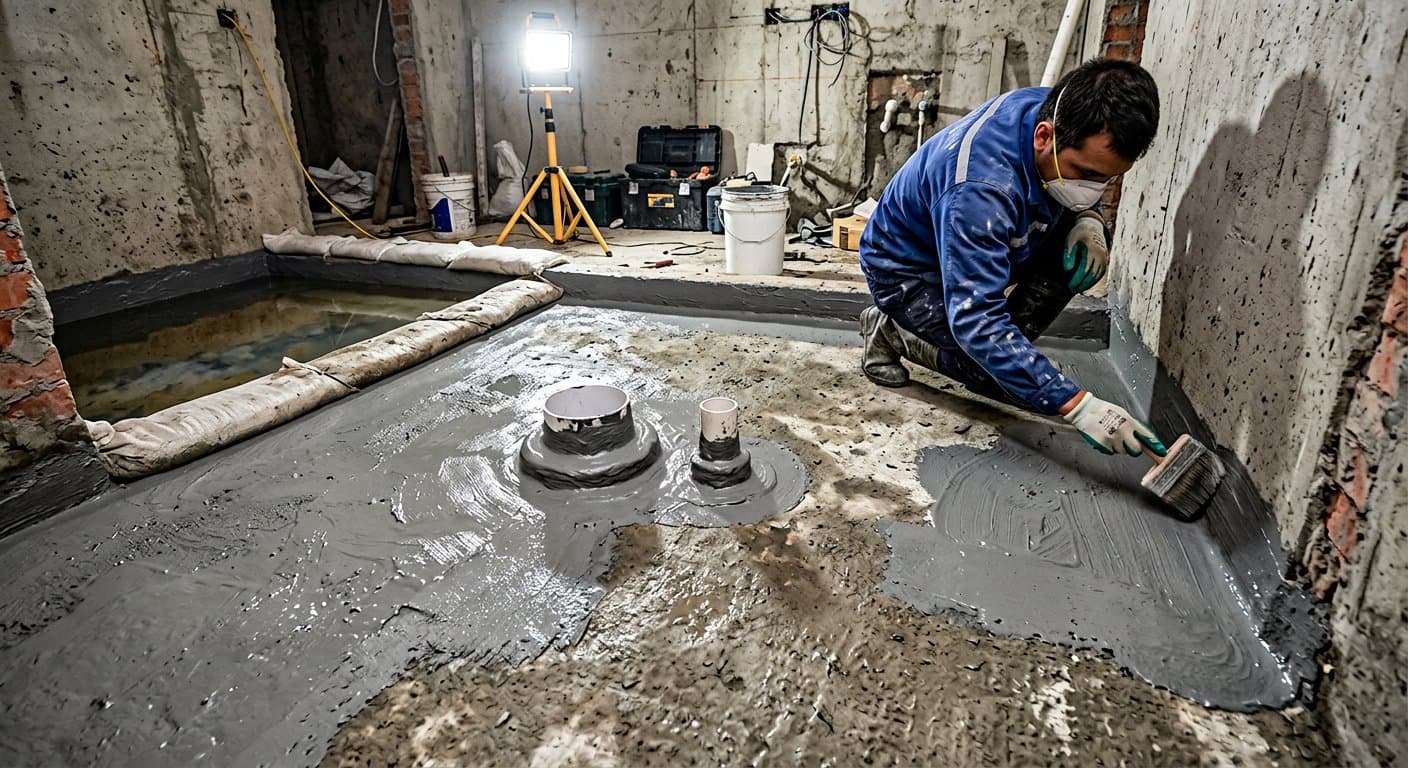 Cementitious polymer waterproofing applied to a bathroom sunken slab before a ponding test