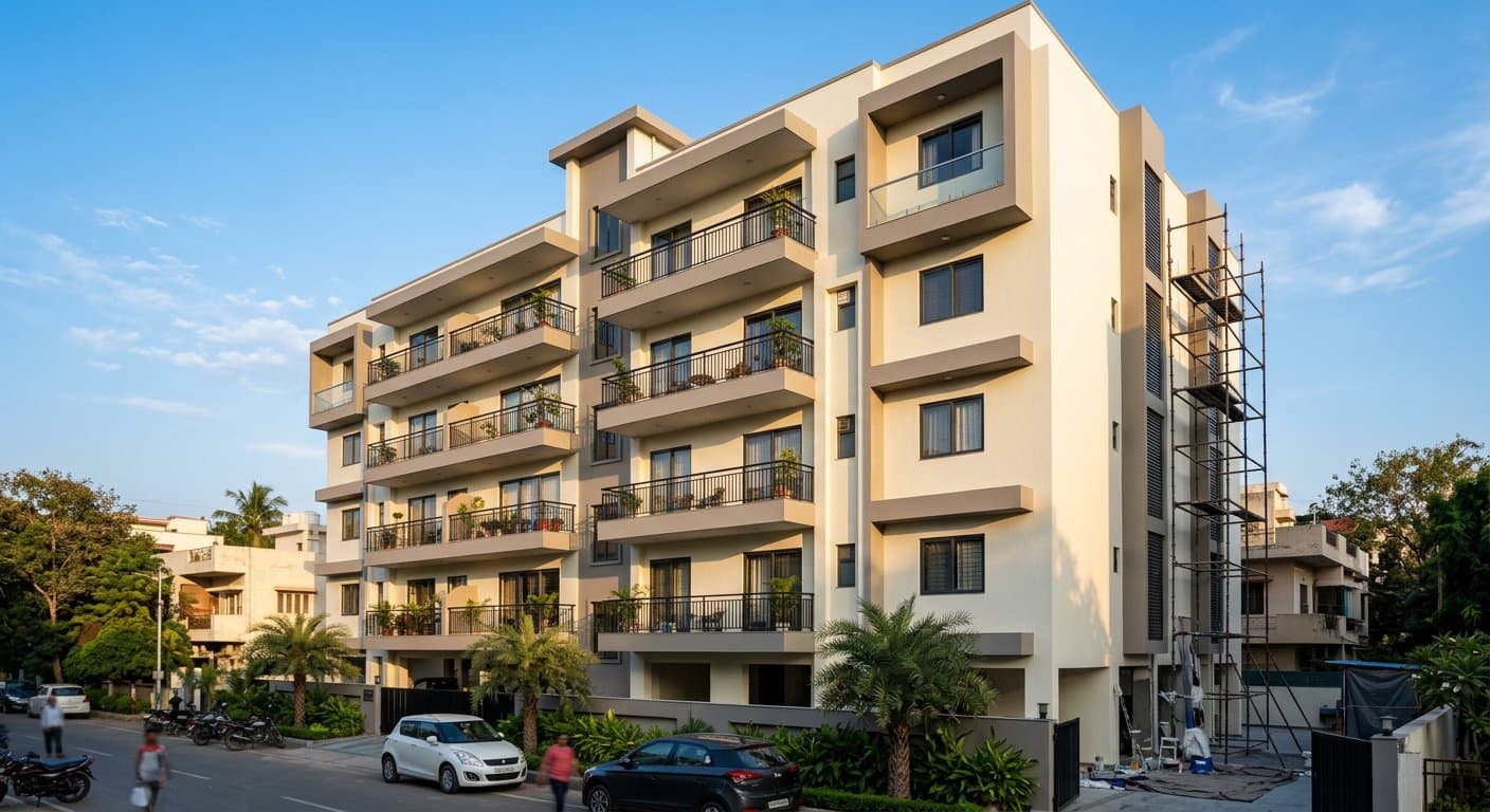 Apartment building exterior after complete scraping crack treatment and weatherproof emulsion repainting in Chennai