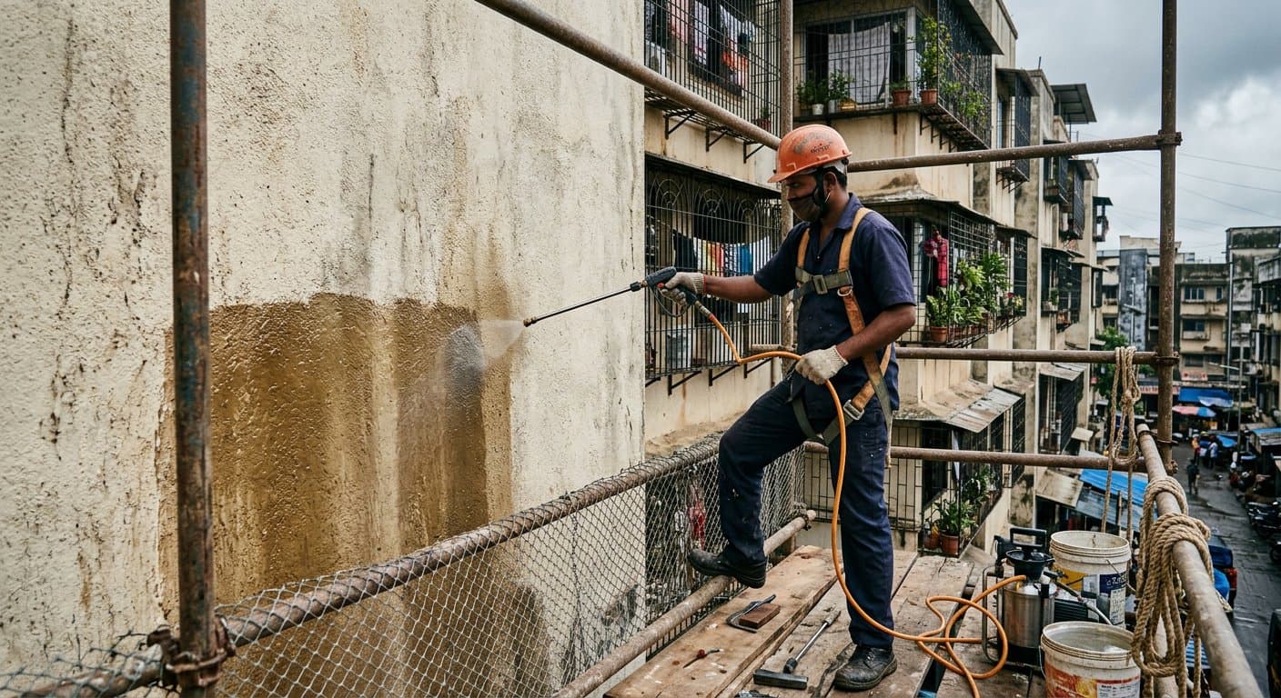 Silicone water repellent being applied to the rain facing external wall of a Chennai apartment