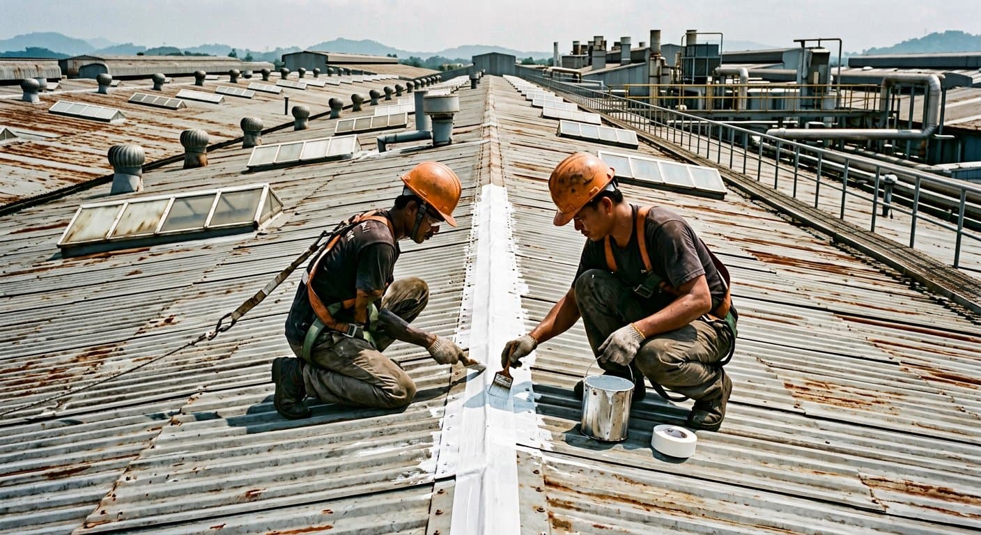 Fastener and overlap joint sealing being carried out on a factory sheet roof in Avadi