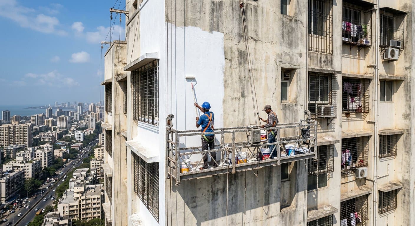 Painters working from suspended scaffolding on a high rise exterior painting project in Chennai
