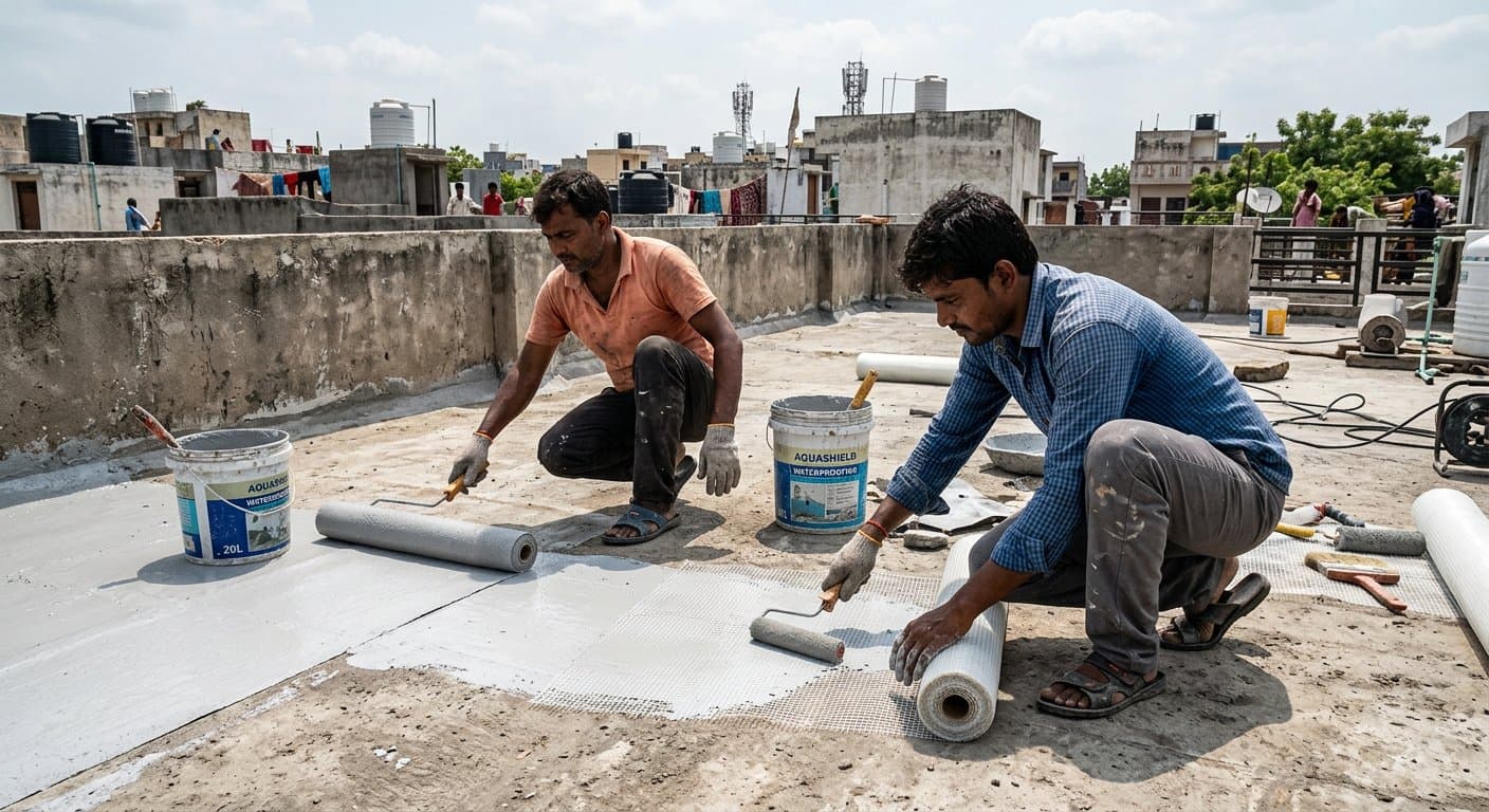 Mesh-reinforced waterproofing membrane being applied on a terrace in Avadi
