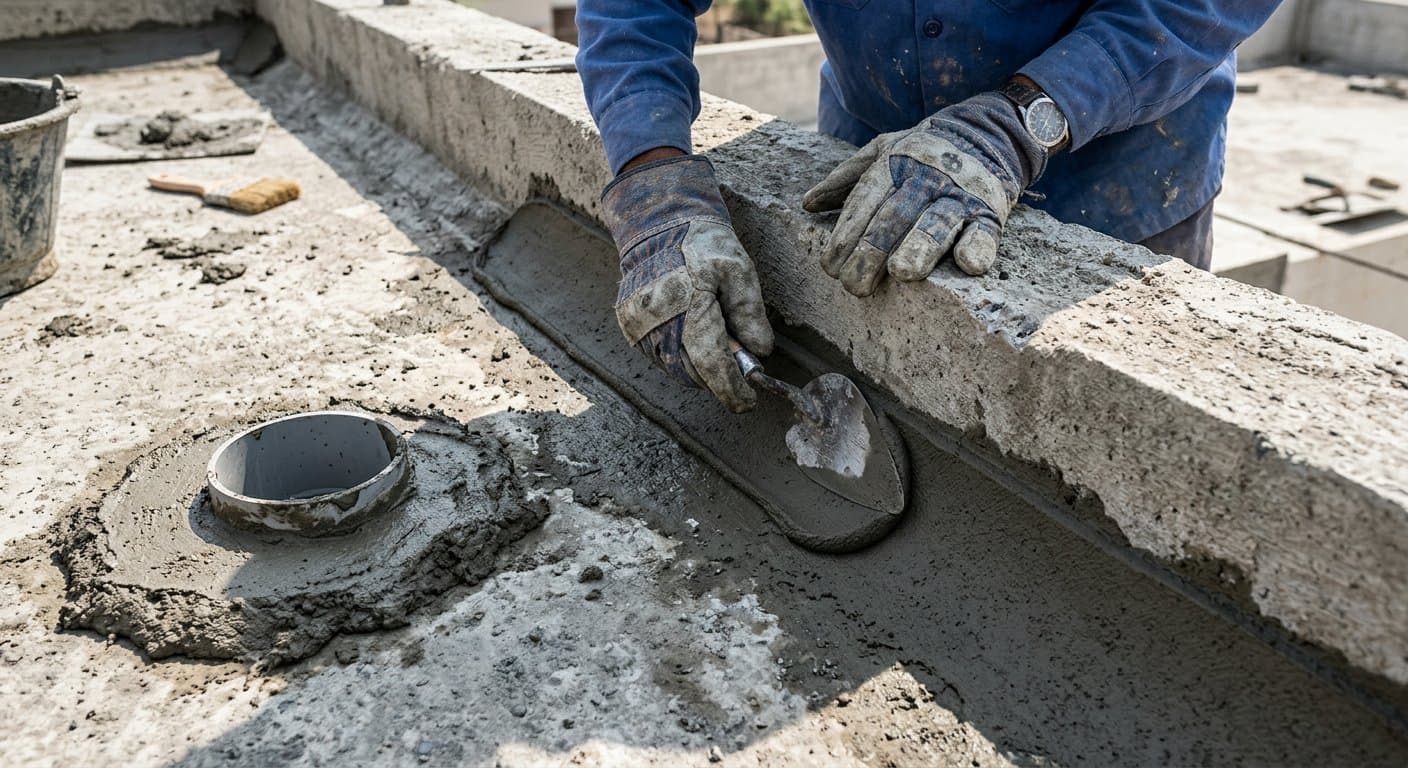 Terrace parapet junction and drain khurra being detailed with polymer mortar