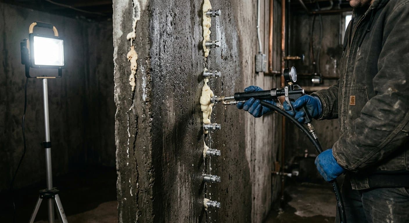 Polyurethane injection grouting packers installed in a basement wall crack to arrest an active leak