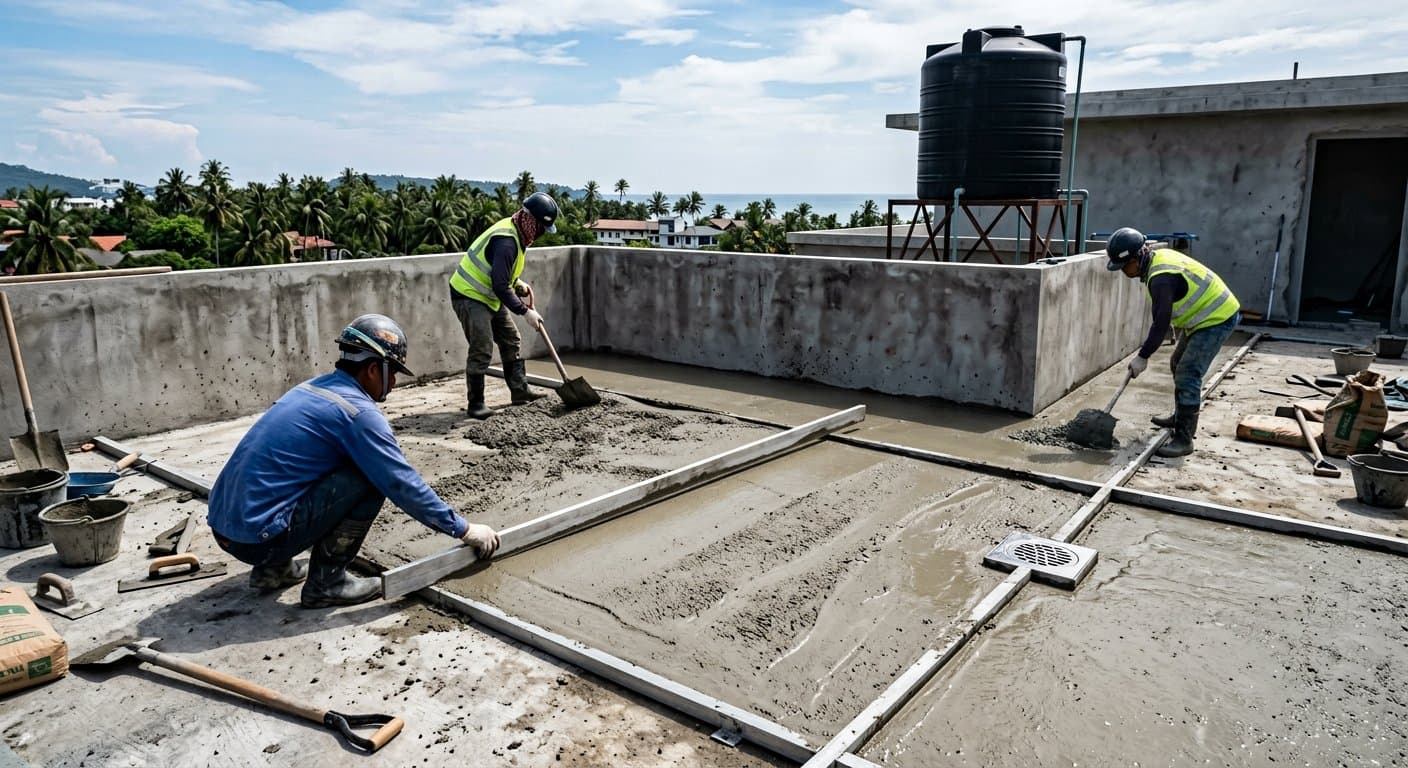 Cement screed being laid to correct terrace slope and eliminate water ponding
