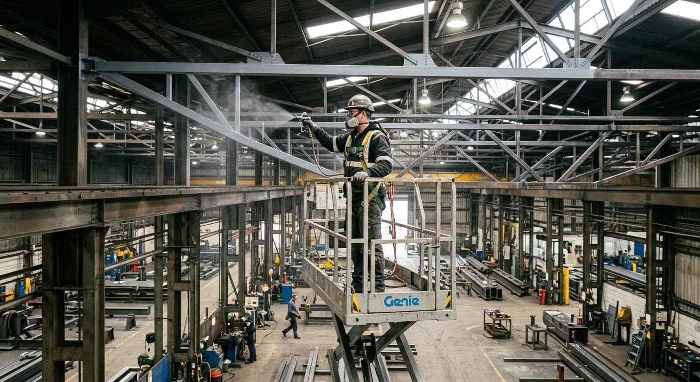 Anti corrosive primer being applied to structural steel framework inside a Chennai factory