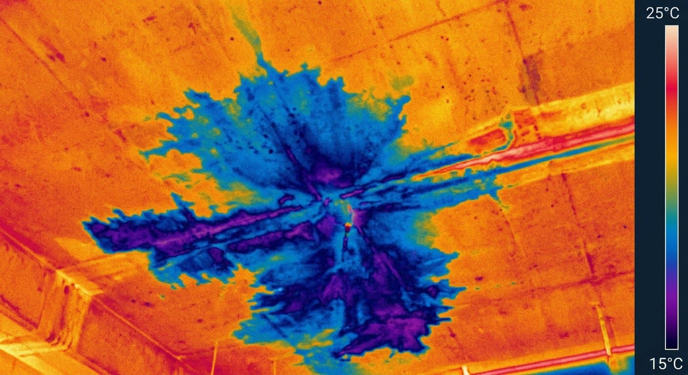 Infrared thermal image showing a moisture plume across a concrete ceiling slab